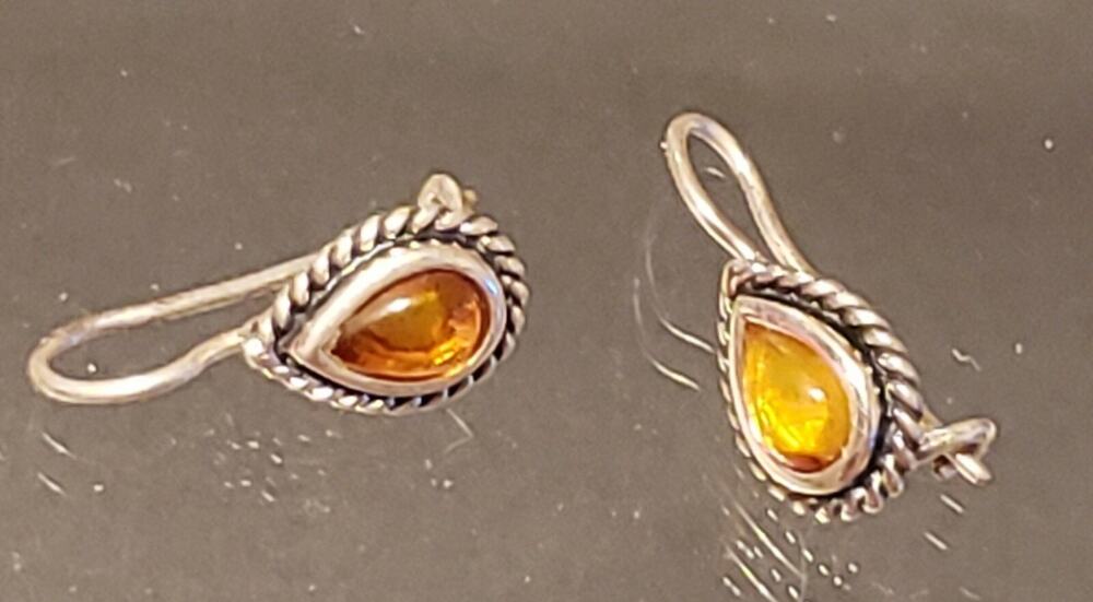 Vintage Sterling Silver Pierced Earrings, 925, Signed Dangle Amber Orange kp-49